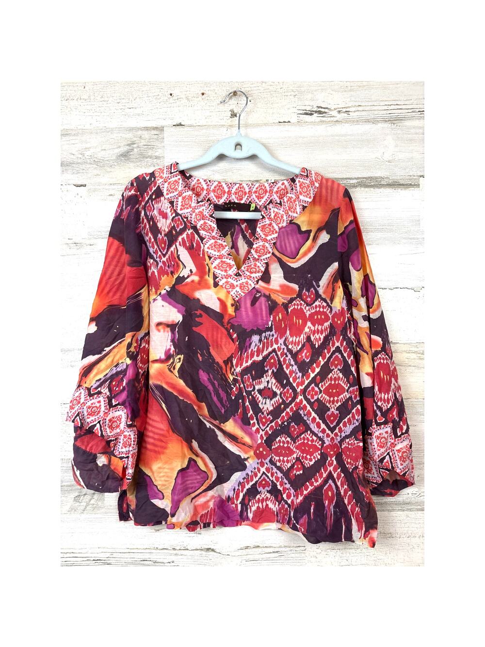 Area Womens M Pink Multicolor Silk Boho V Neck Lightweight Summer Blouse Top